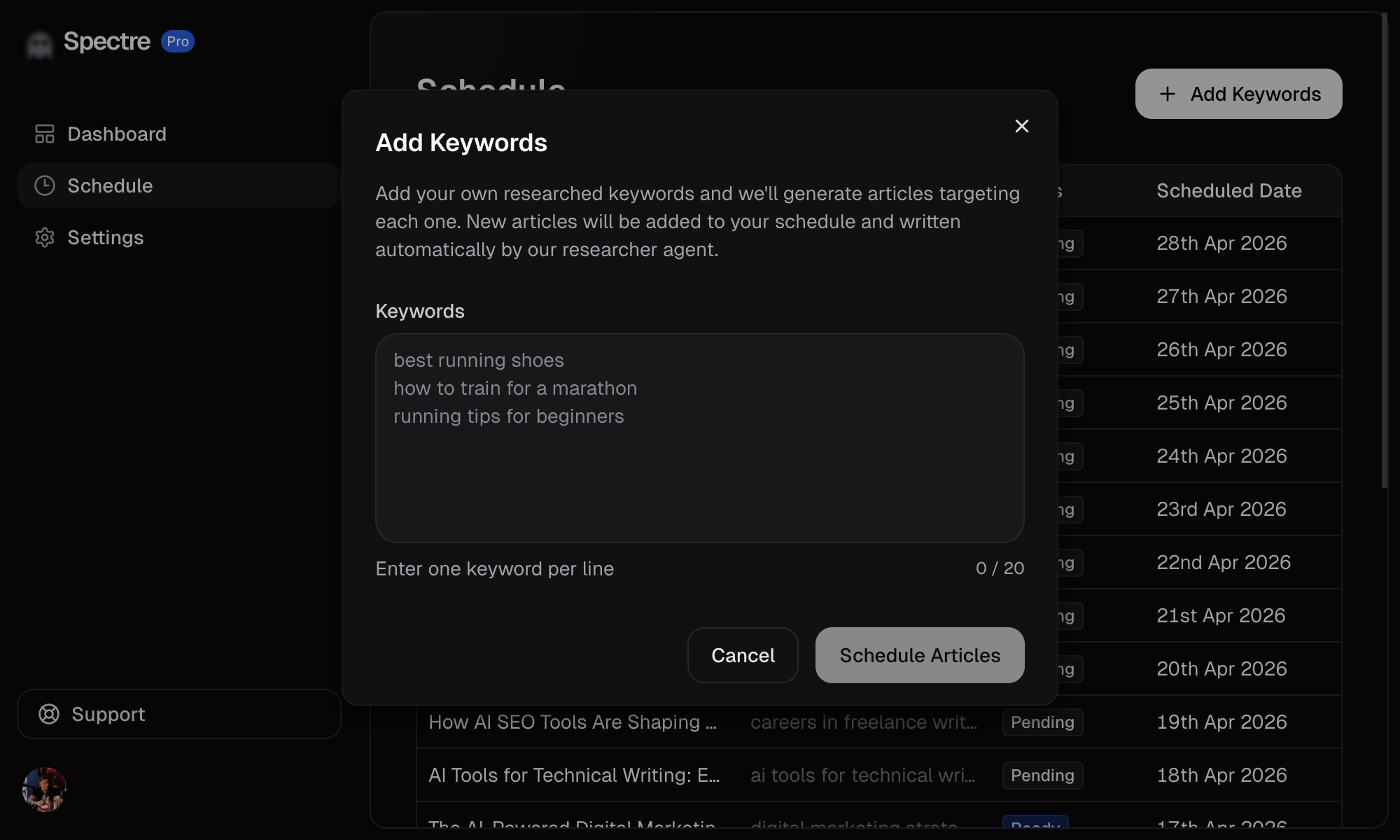 The Add Keywords dialog where you can enter your own keywords to generate articles for