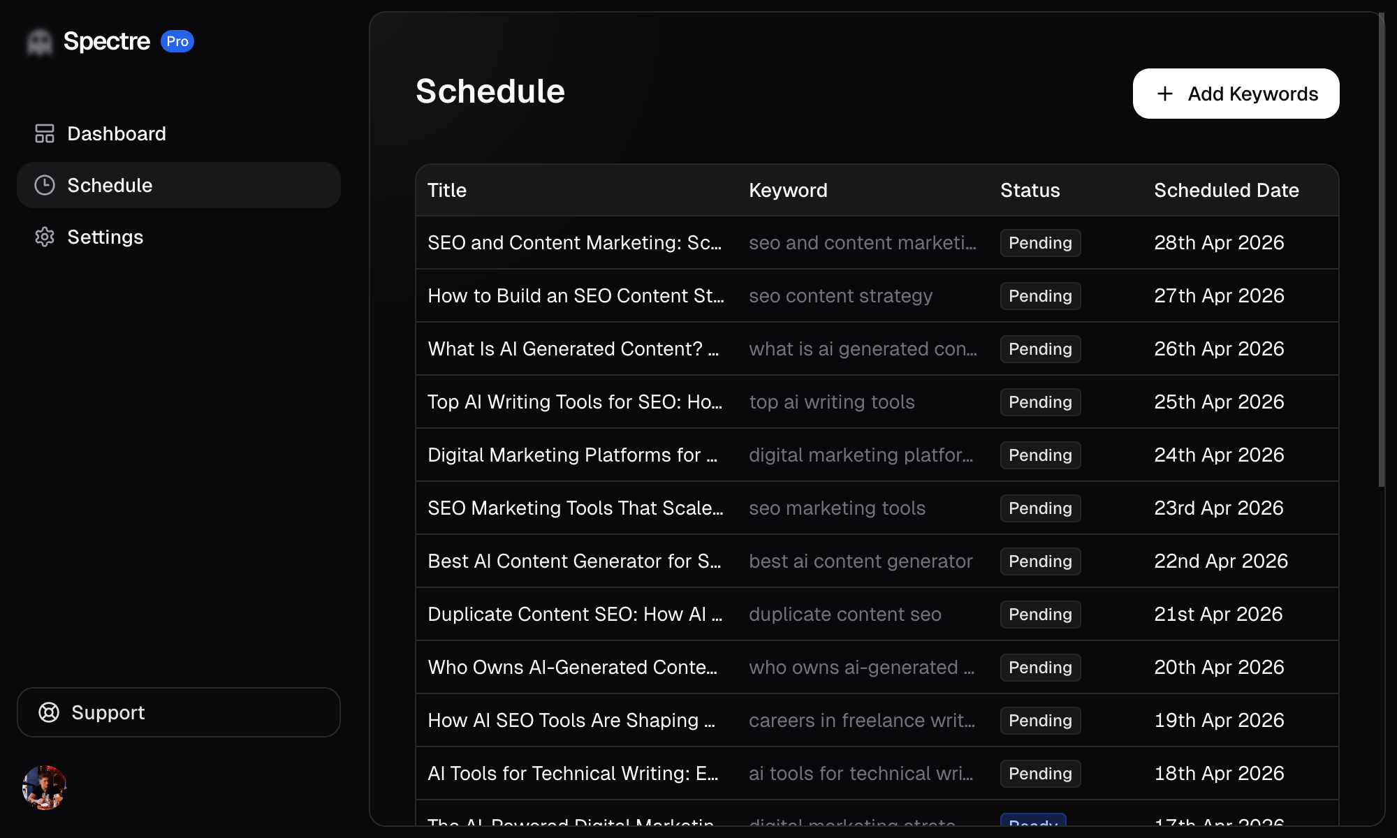 The Spectre schedule page showing a list of generated articles with their keywords, status, and scheduled dates
