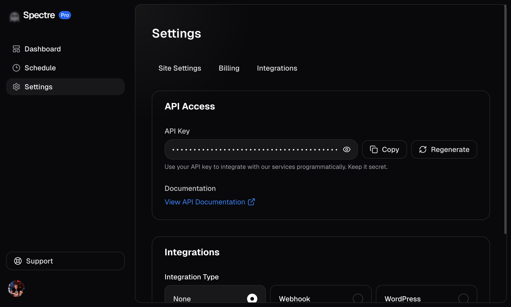The Integrations page showing the three integration options